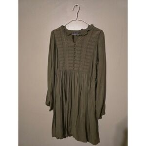 Laurel Grey Olive Green Long Sleeve‎ Embroidered Yoke Dress Size Large